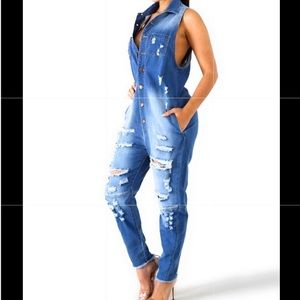 Women’s Jean Jumpsuit. Item is sleeveless.